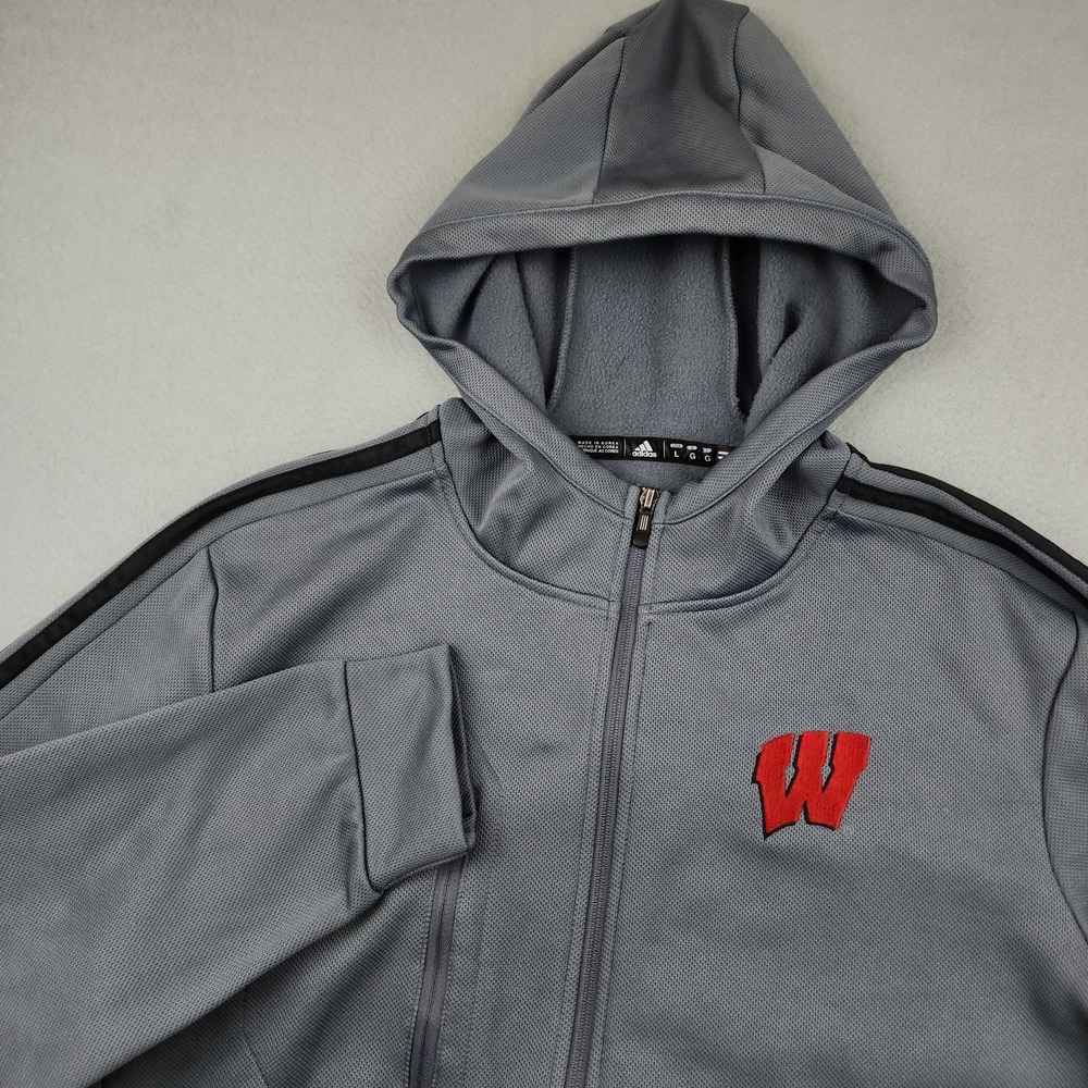 Wisconsin Badgers Jacket Mens Large Gray NCAA Adidas ClimaWarm Fleece Hooded